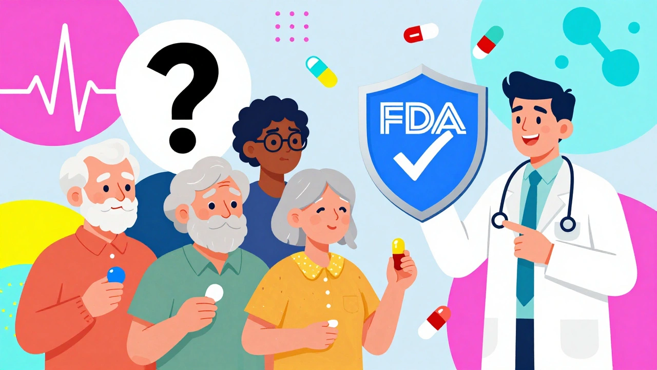 Elderly patients holding different colored pills, pharmacist pointing to an FDA shield.