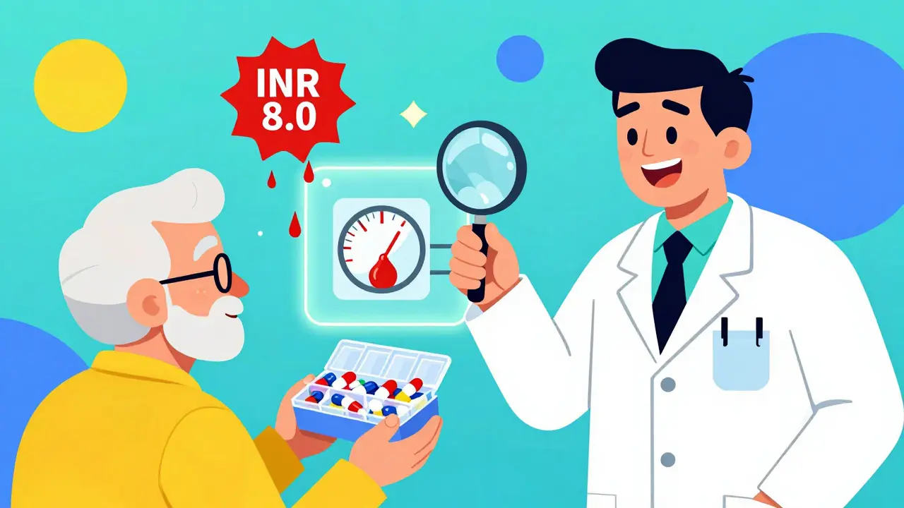 Elderly person with overflowing pill organizer and pharmacist checking for drug interactions