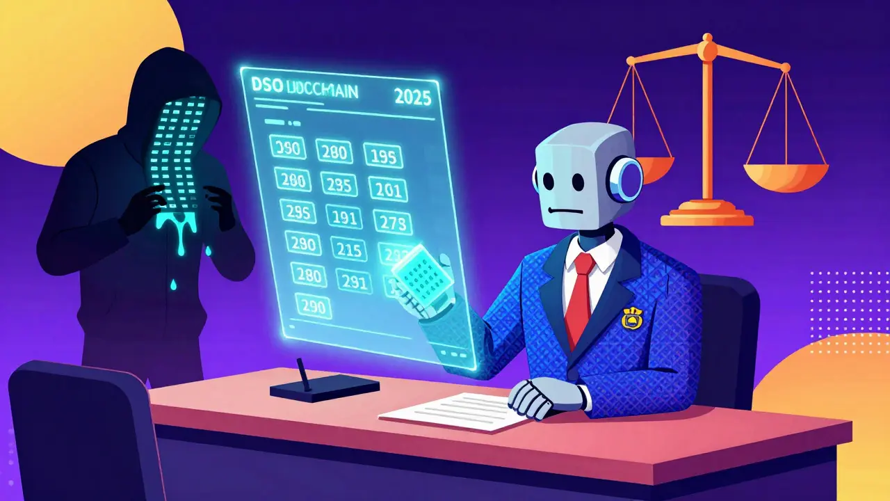 Futuristic blockchain courtroom with robot lawyer, hacker breach leaking debtor data, Memphis geometric style