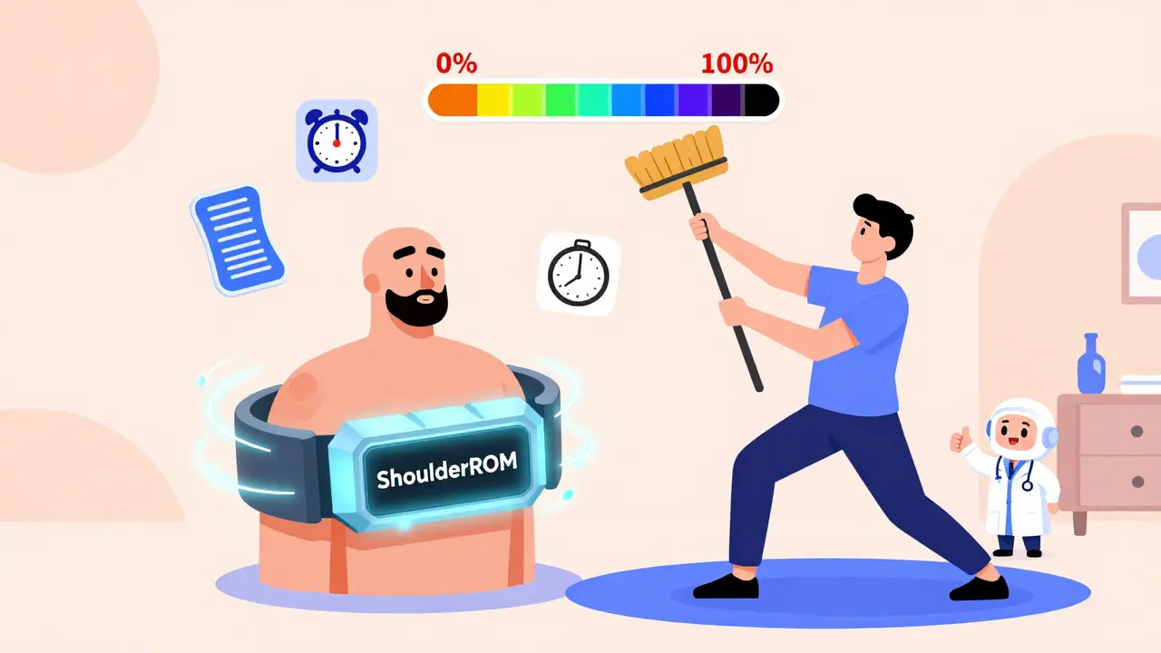 Geometric wearable device tracking shoulder movement, person doing wand exercise with progress bar and therapist icon.