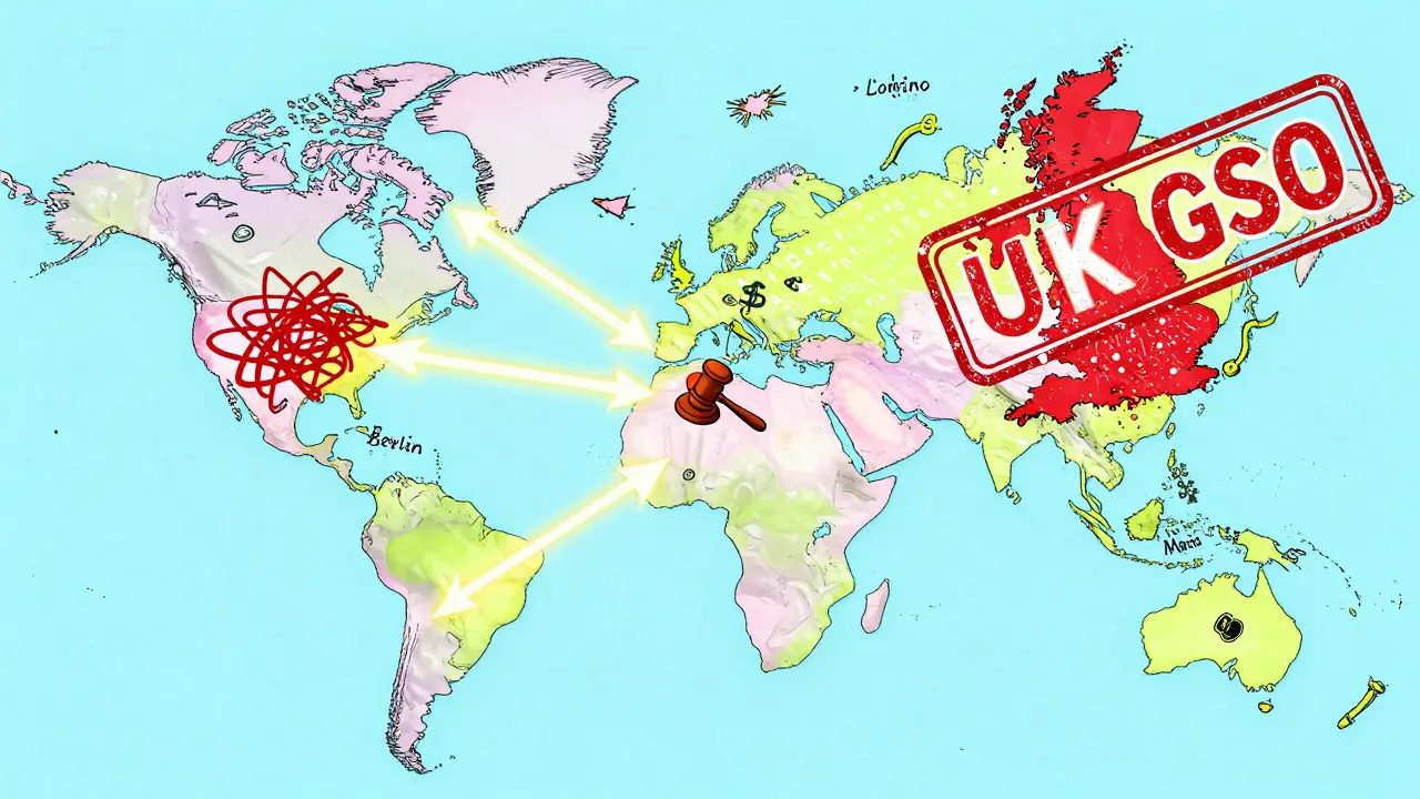 Global map with broken legal arrows from UK to US and Japan, GSO stamp glowing over England, Memphis design