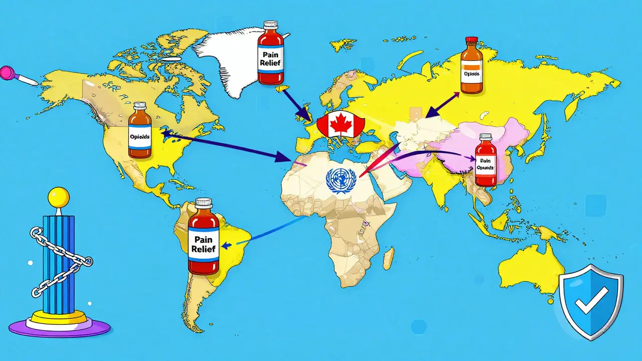 Global map with drug bottles and symbolic pillars connecting countries under a WHO emblem in bold Memphis colors.