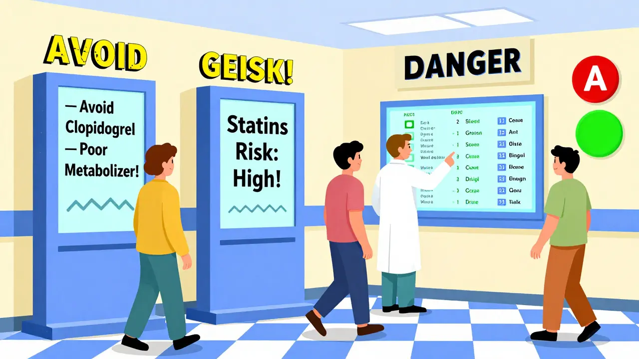 Hospital hallway with digital gene alerts and pharmacist pointing to colorful gene-drug chart