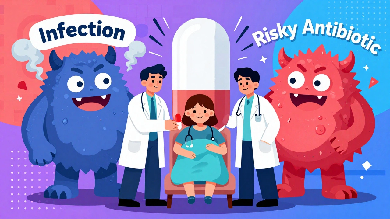 Medical team holding a safe antibiotic shield against infection and risky drug monsters in vibrant Memphis style.