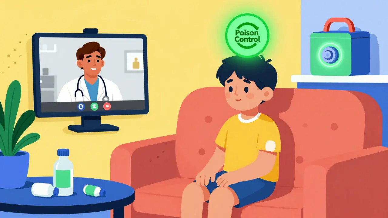 Parent and child on video call with Poison Control, pill patch and lockbox visible