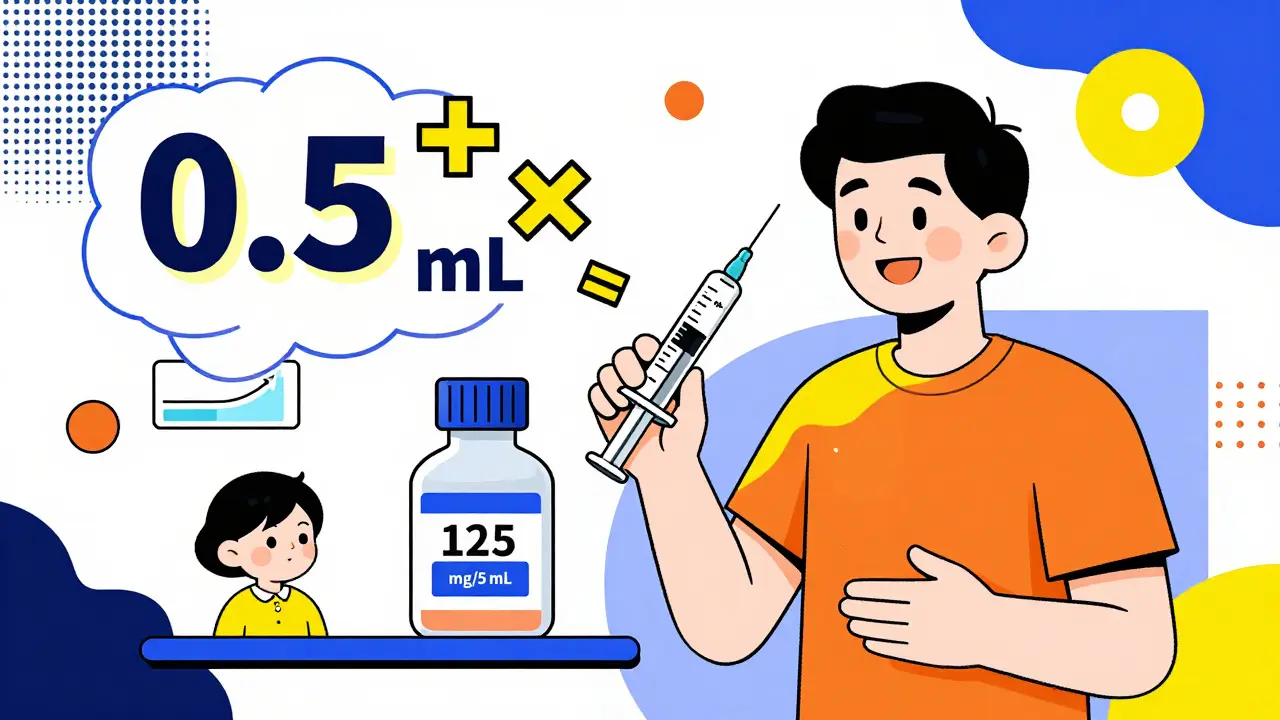 Parent using a syringe to measure medicine with concentration math symbols floating nearby.