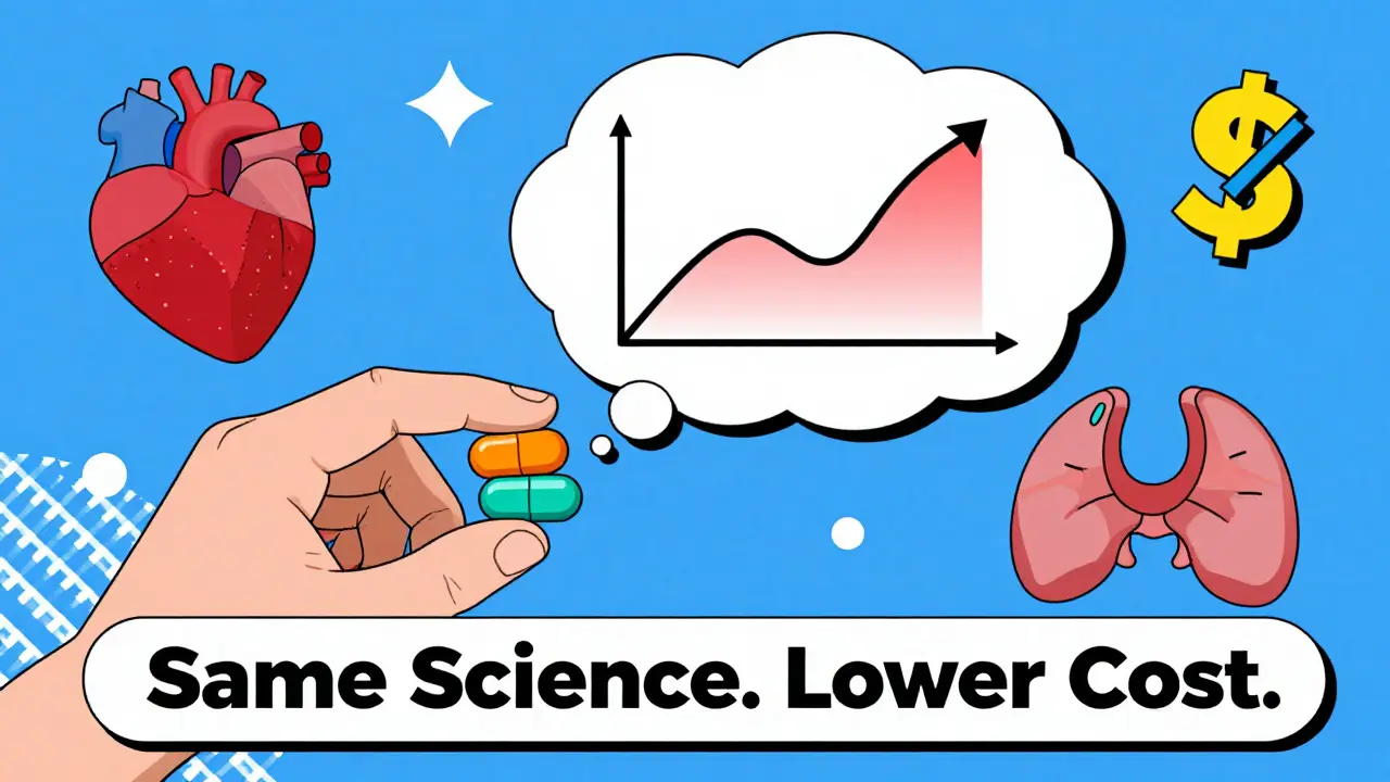 Patient holding different colored pills with overlapping blood curve thought bubble