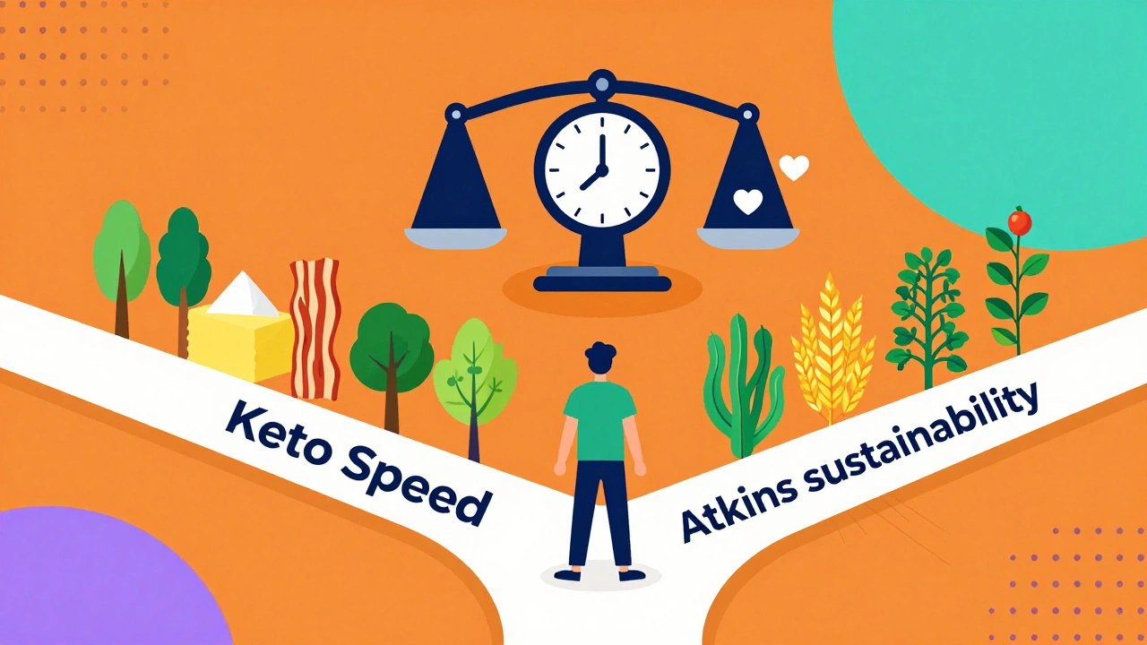 Person at a crossroads choosing between keto speed and Atkins sustainability, with stylized food paths and glowing heart.