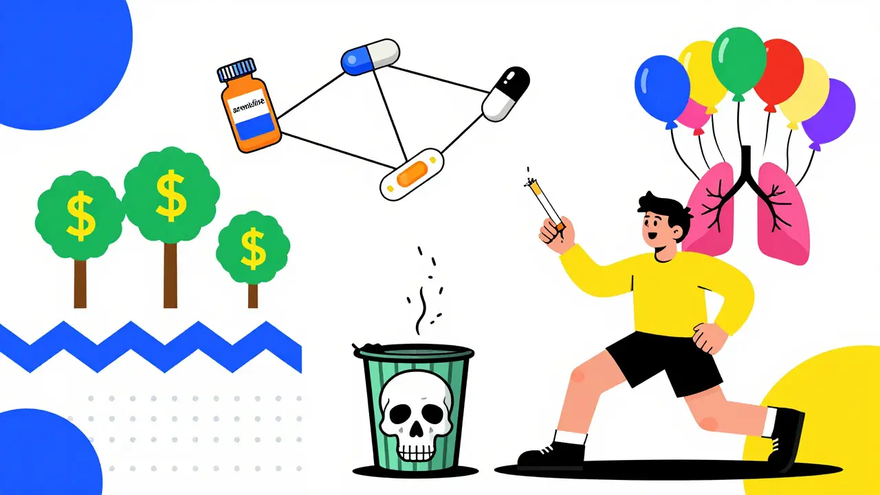 Person tossing cigarette into skull trash can, with medical icons forming a constellation above.