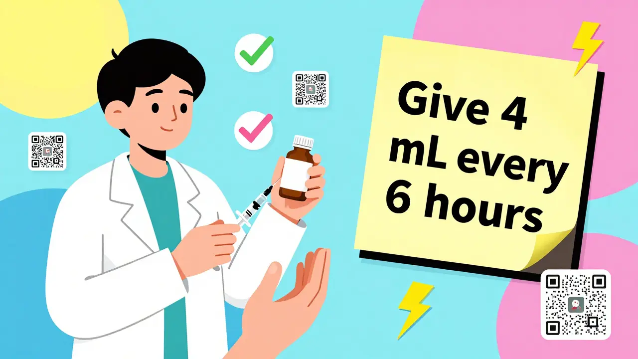 Pharmacist guiding a patient to measure dose correctly with sticky note and QR code icons.