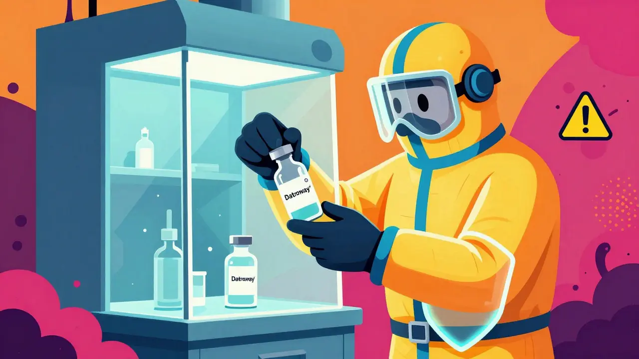 Pharmacist in exaggerated protective gear preparing a hazardous cancer drug in a geometric safety cabinet.