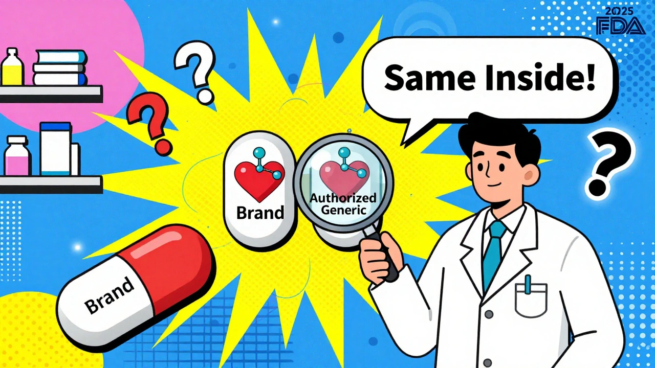 Pharmacist using magnifying glass over two identical pills, with light rays revealing matching molecular hearts inside.