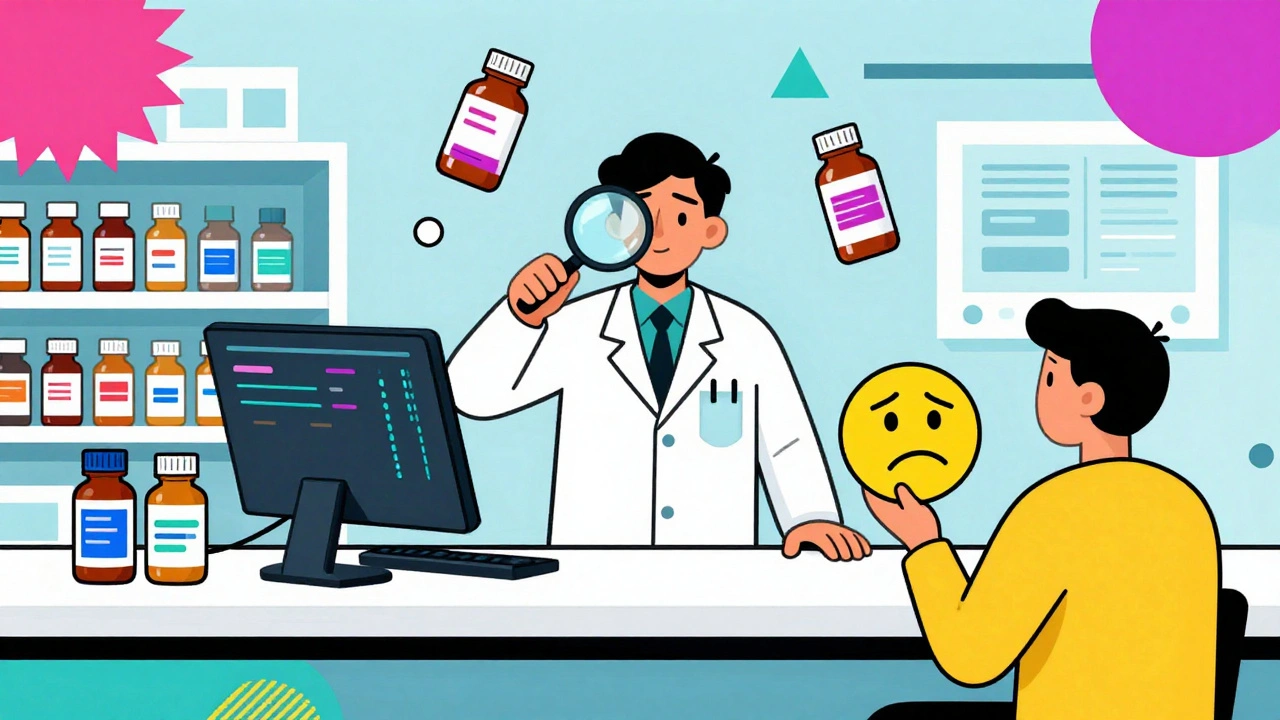 Pharmacy scene with pharmacists overwhelmed by mismatched biosimilar labels and conflicting digital data.