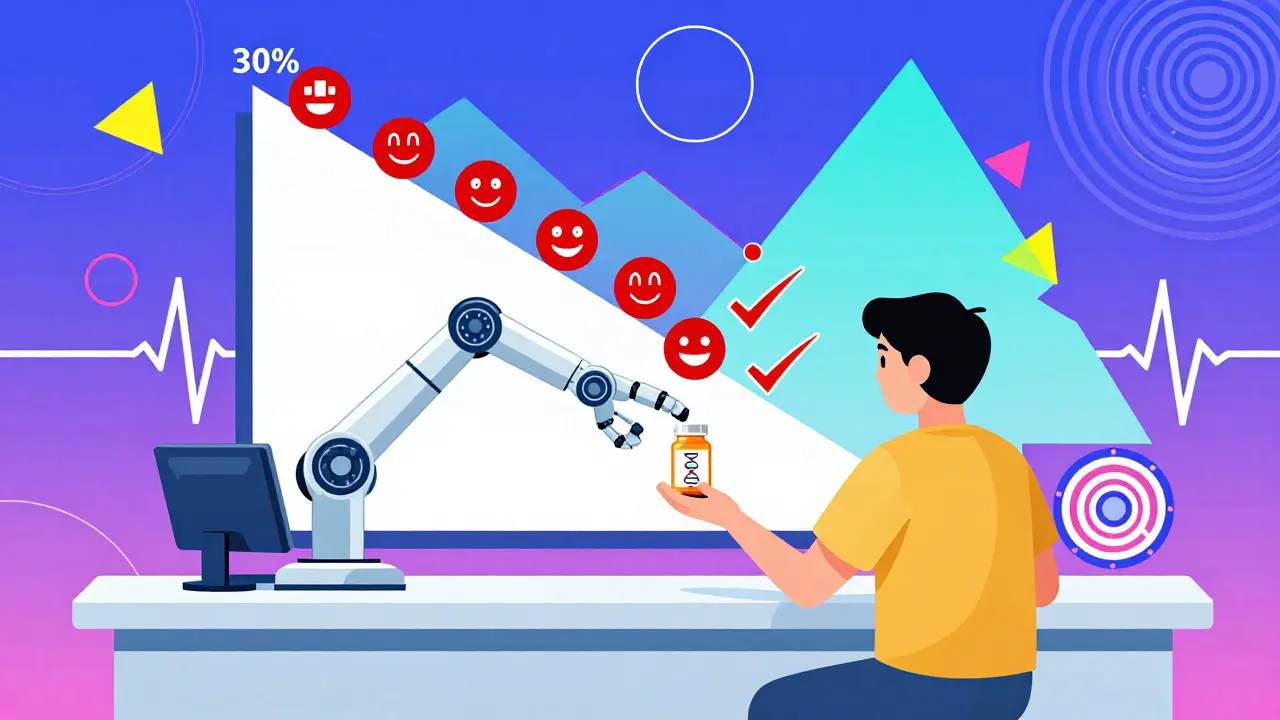 Robotic arm giving DNA-labeled pill bottle as hospital icons disappear in Memphis-style graph