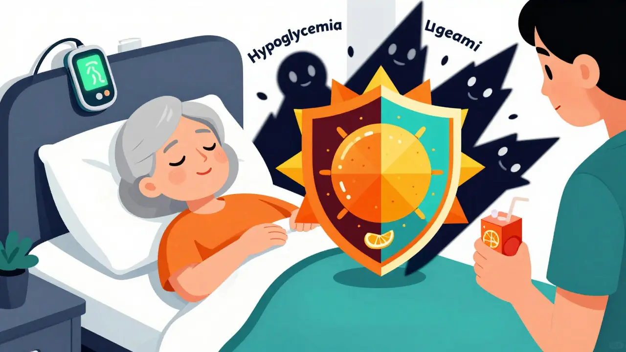 Senior sleeping with glowing CGM alerting caregiver, danger shapes blocked by protective sunburst shield.