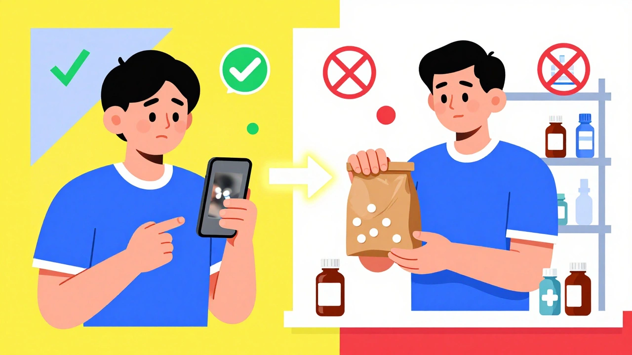 Side-by-side comparison: blurry phone photo vs. real pill bottles for medication review