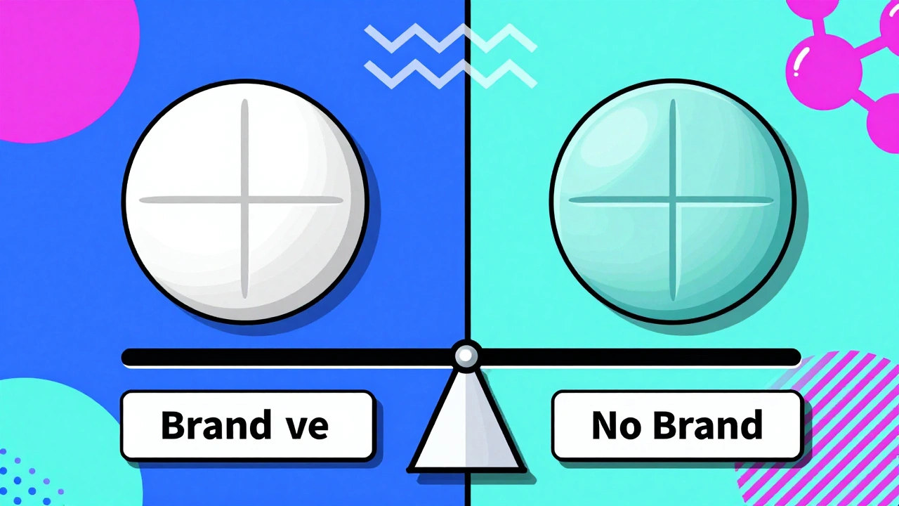 Side-by-side pills: one branded white, one authorized generic teal, with abstract trademark symbols and molecular patterns in background.