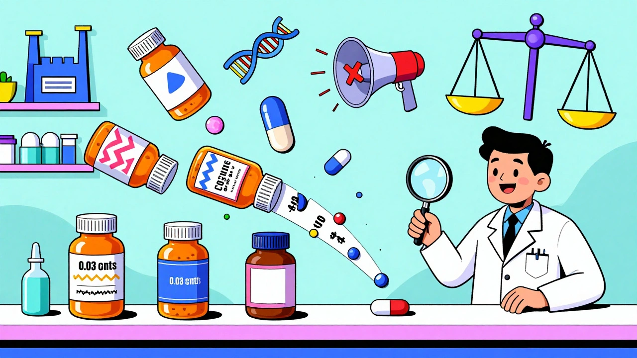 Six colorful generic pill bottles tumbling down a price waterfall from 0 to  at a pharmacy counter in Memphis illustration style.