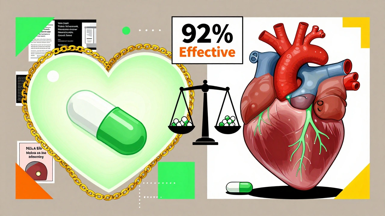 Split heart: brand-name on left with gold chains, generic on right with healthy veins.
