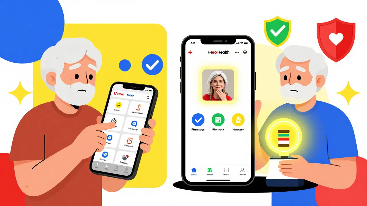 Split scene: chaotic phone vs. simple app and dispenser, with checkmarks and shields in bold Memphis colors.