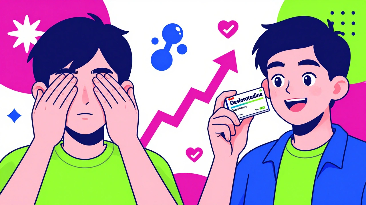 Split scene: frustrated person with loratadine vs. happy person with desloratadine, showing improved allergy relief.