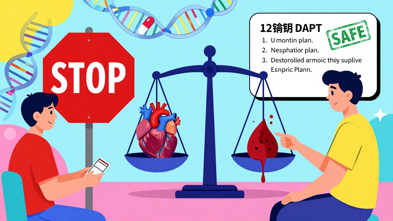 Split scene: one side shows long-term DAPT with a stop sign, the other shows short-term DAPT with a safe stamp.