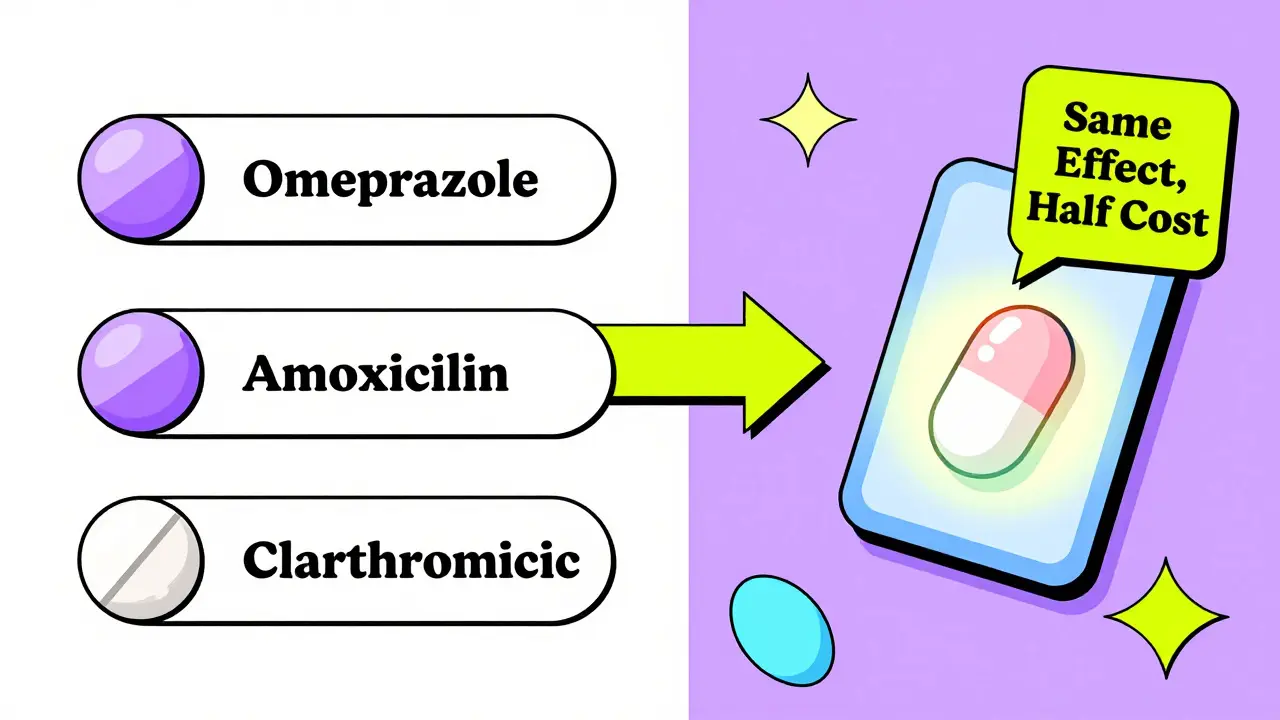Split scene: separate generic pills vs. one branded combo pill with cost comparison.