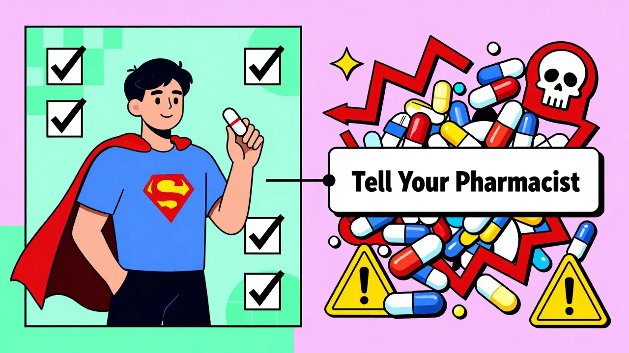 Split scene: single safe polypill vs chaotic mix of dangerous medications in Memphis style