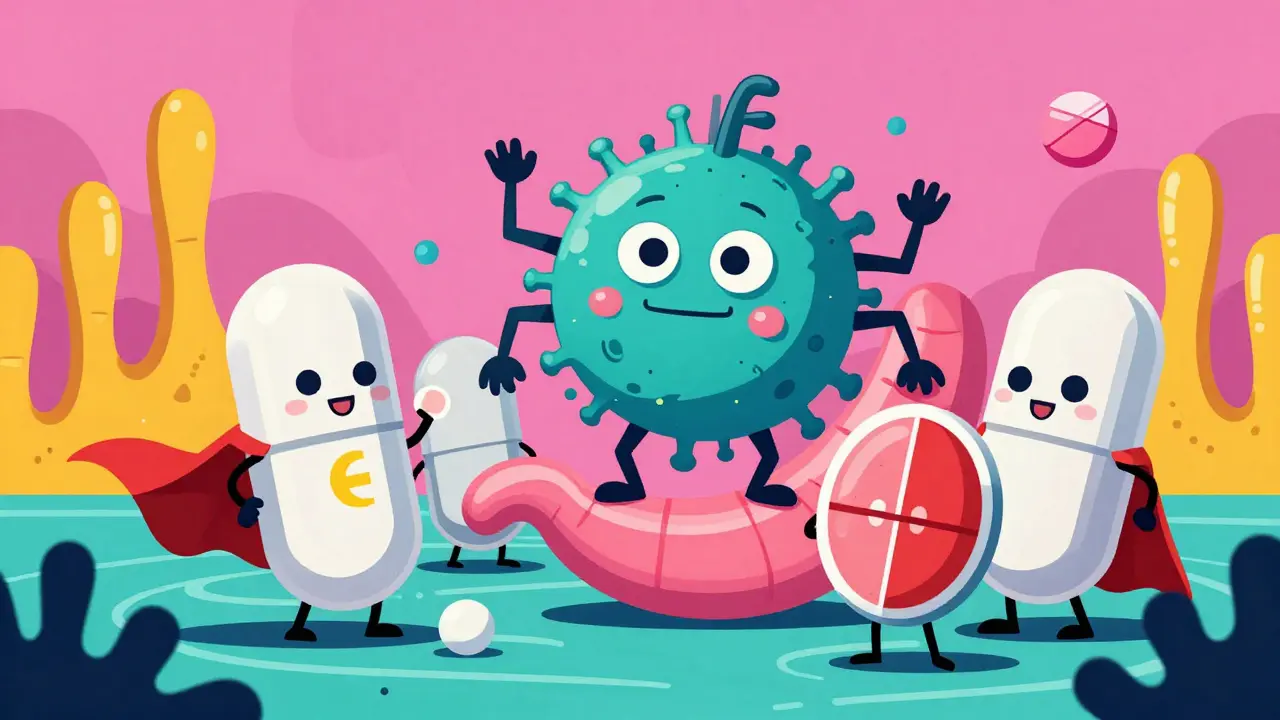 Superhero pills fighting a bacteria monster in a stylized stomach landscape.