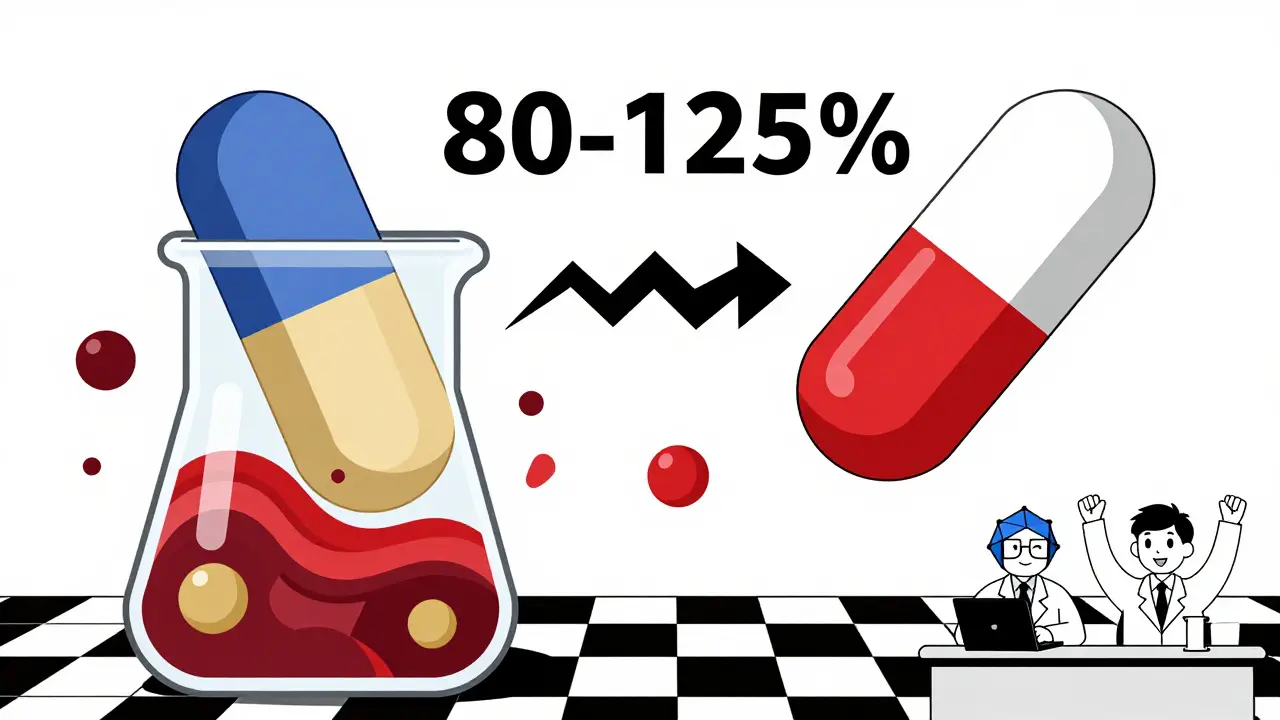 Two pills in a beaker with zigzag arrow showing 80-125% bioequivalence range