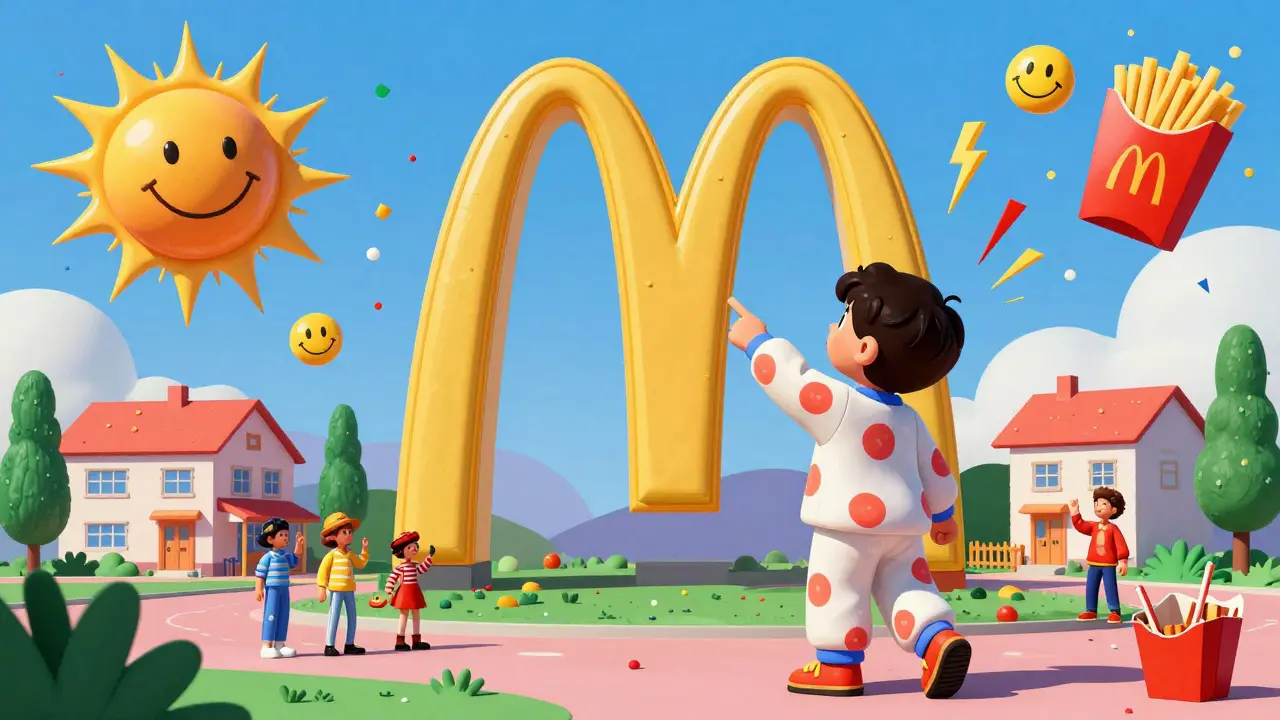 A child pointing at giant golden arches shaped like suns, with Happy Meal boxes exploding into confetti and surreal candy-colored architecture.