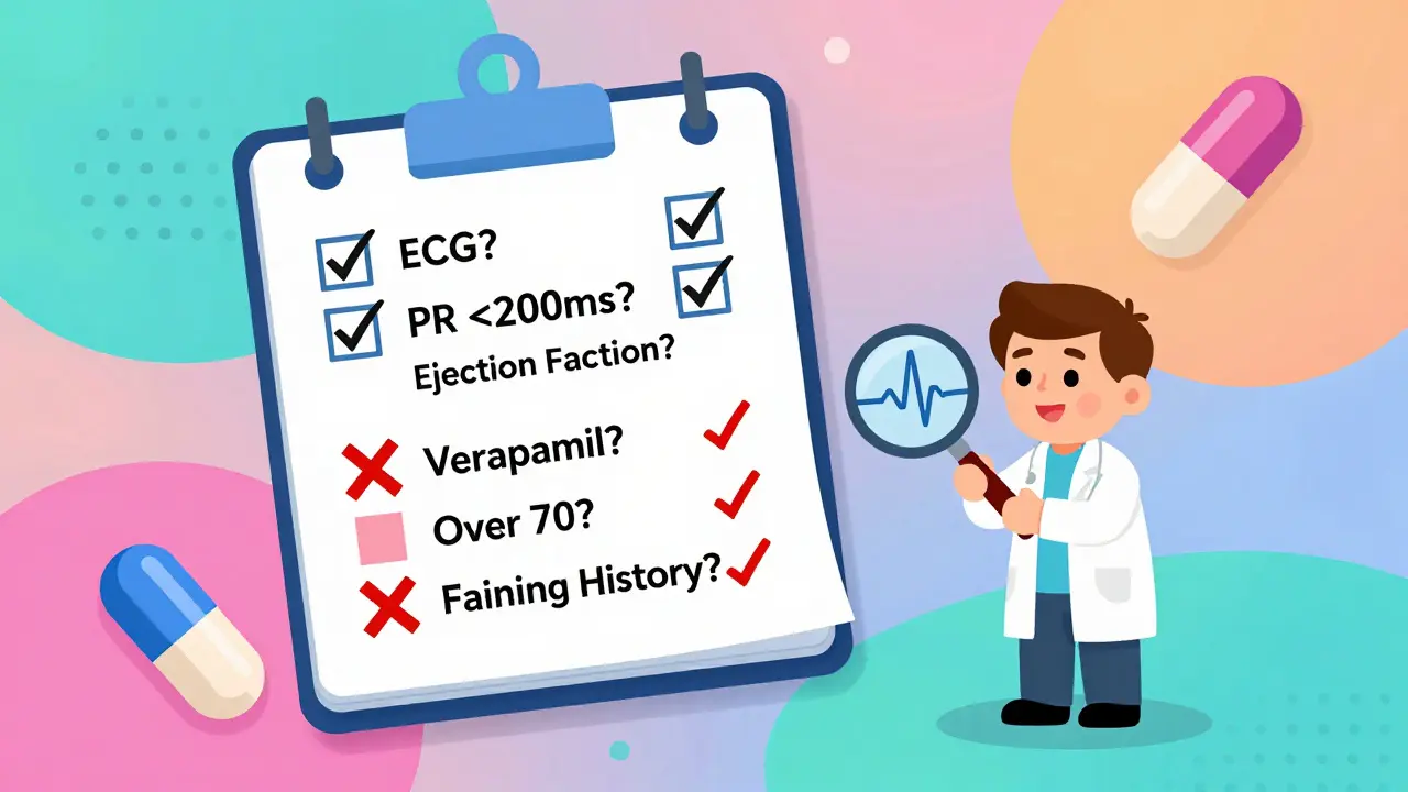A colorful medical checklist with checkmarks and red Xs for safe vs. risky heart medication combinations in Memphis design.
