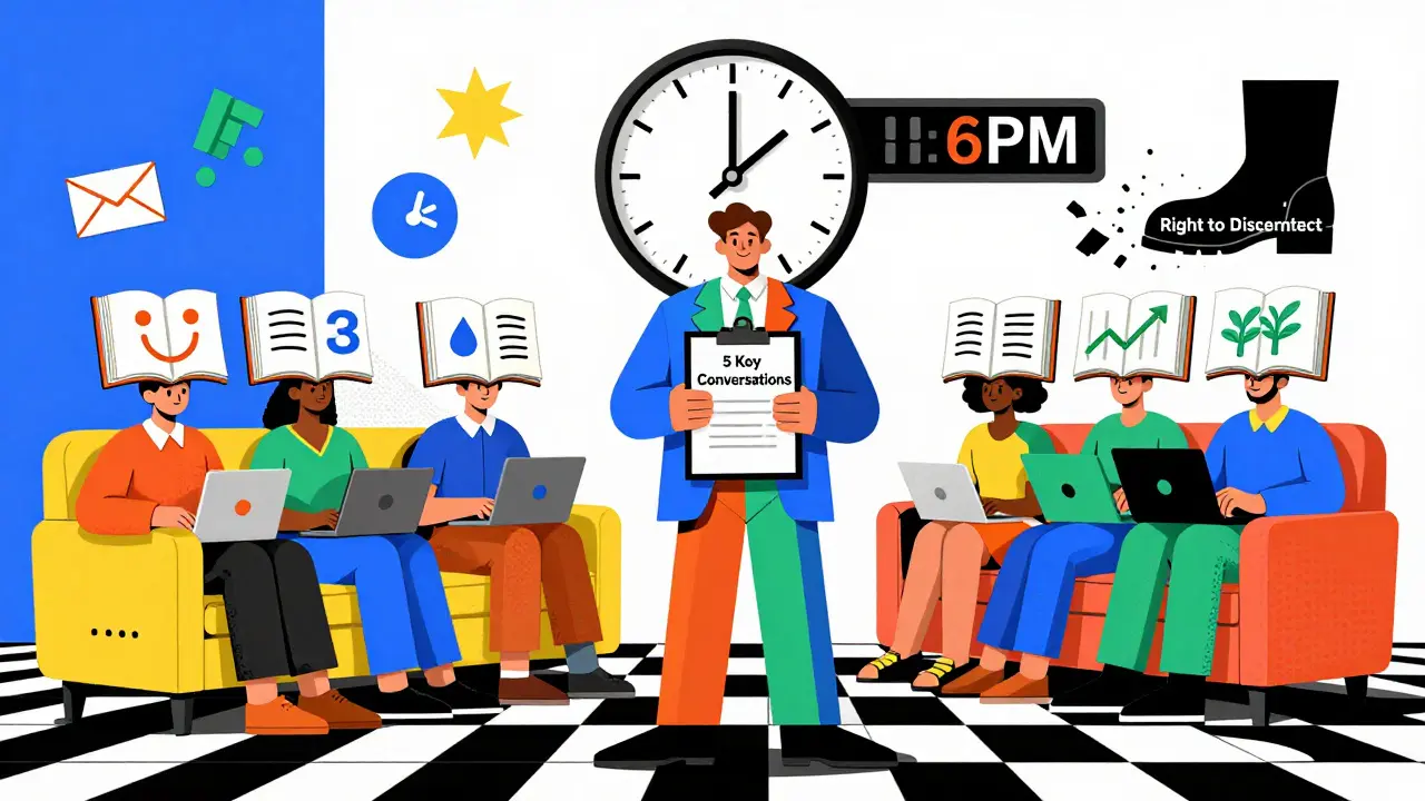 A manager holding a clipboard while digital work tools shut off at 6 PM, surrounded by vibrant geometric patterns.