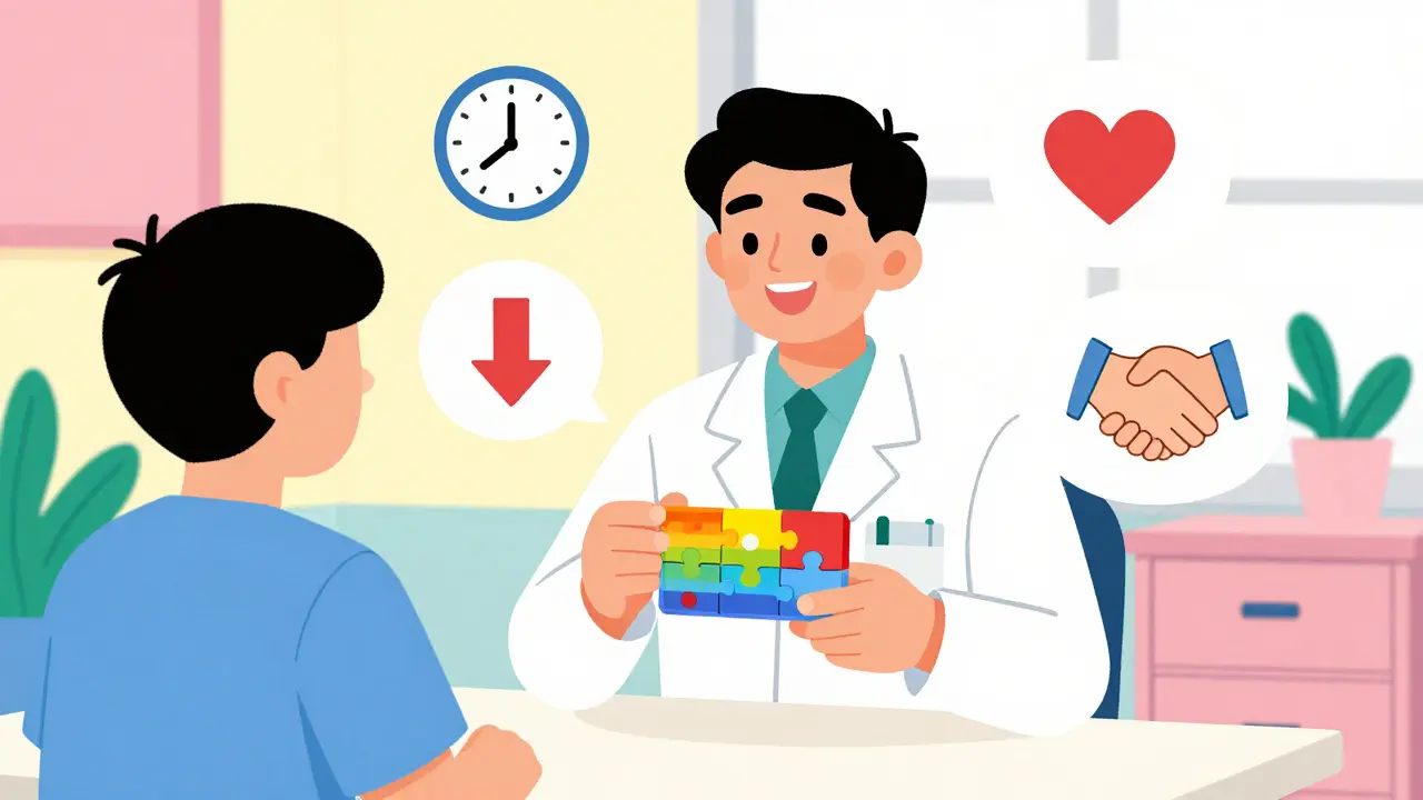A pharmacist hands a colorful pill organizer to a patient, with symbolic icons floating in a vibrant clinic setting.