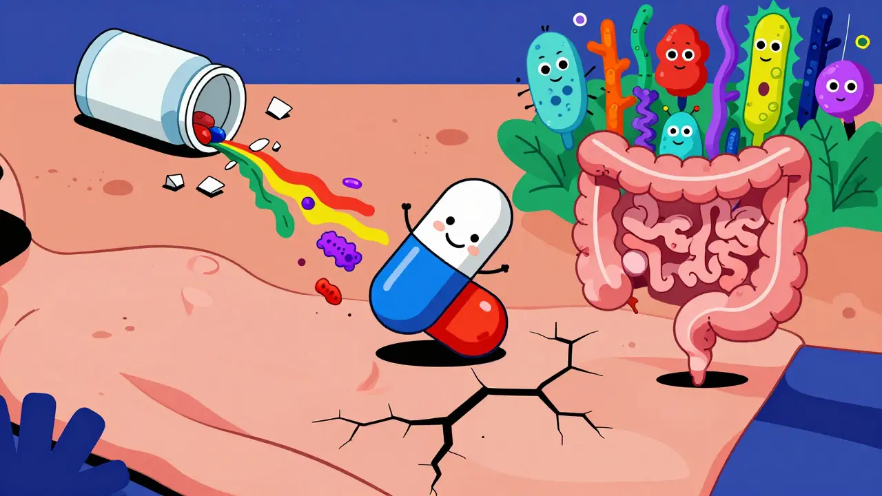 A pill releasing beneficial bacteria into a damaged colon, restoring a vibrant microbiome.