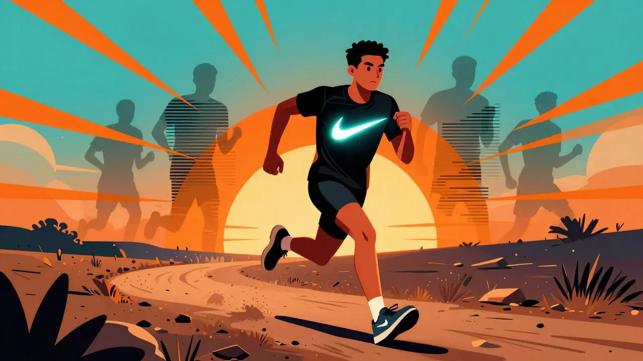 A runner with a glowing Nike swoosh surrounded by abstract energy bursts, while other brands dissolve into static, all in bold Memphis Design colors.