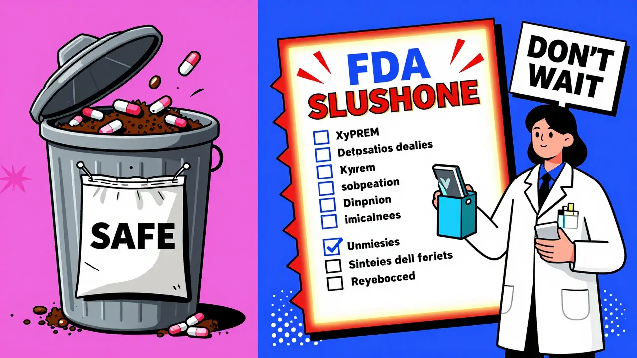 A split scene showing safe disposal on one side and the FDA flush list glowing on the other.