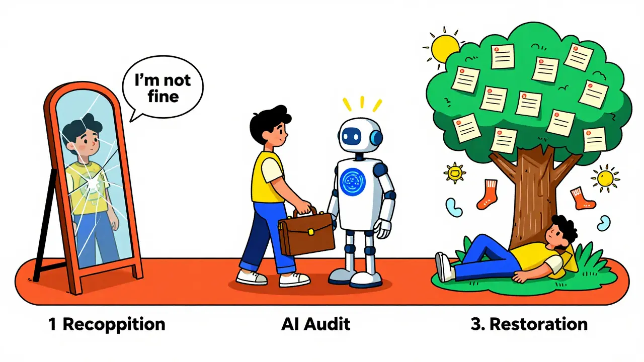 A three-phase recovery path showing recognition, intervention, and restoration with symbolic imagery and bright colors.