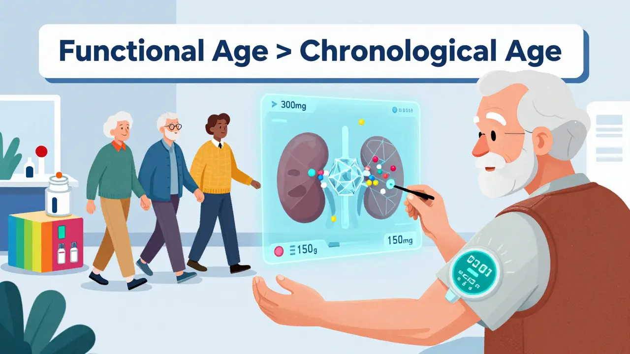 AI hologram adjusts medication dose above a senior’s arm, with geometric kidney filter and rainbow pill organizers in background.