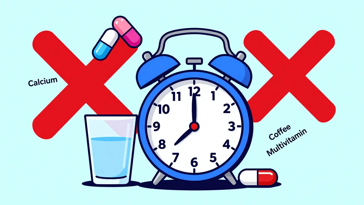 Alarm clock with water and bisphosphonate pill, blocked by red X over other supplements.