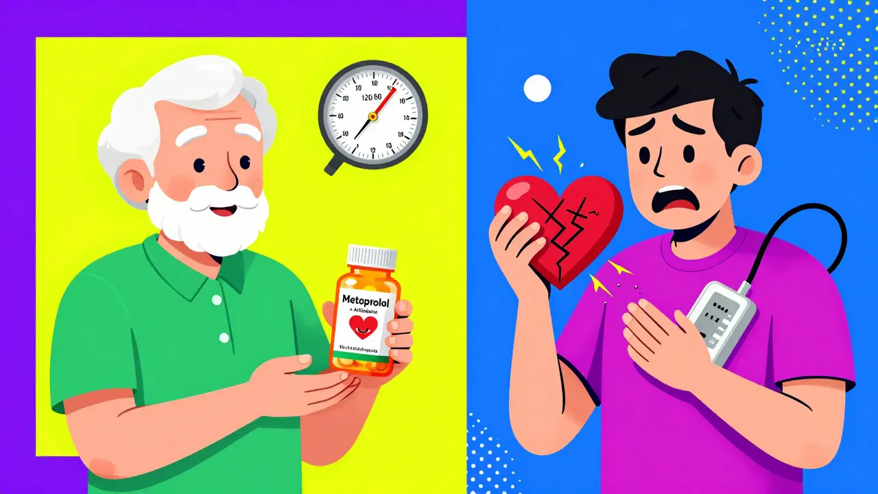 An elderly patient with safe amlodipine combo vs. a panicked patient with dangerous verapamil combo, illustrated in vibrant Memphis style.