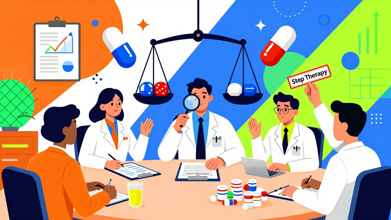 Cartoon doctors weighing generic vs brand-name drugs with abstract charts and zigzag patterns