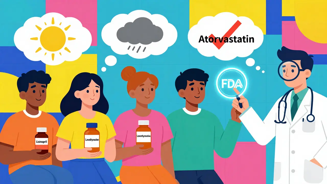 Diverse patients with medication bottles and thought bubbles, guided by a doctor and glowing FDA book.