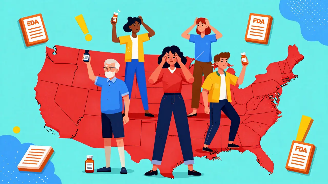 Diverse people holding pill bottles on a U.S. map with warning zones and FDA icons in vibrant Memphis design.