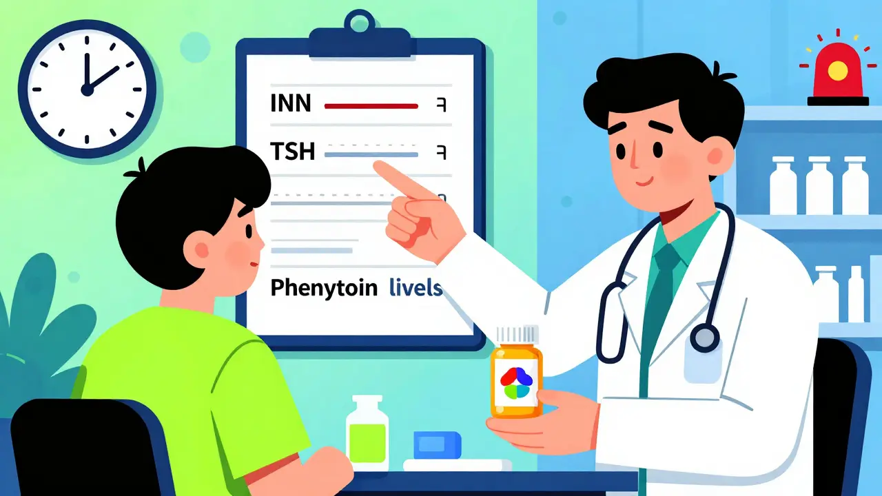 Doctor’s office with patient pointing at abnormal blood test numbers and a changing pill bottle in bold Memphis style.