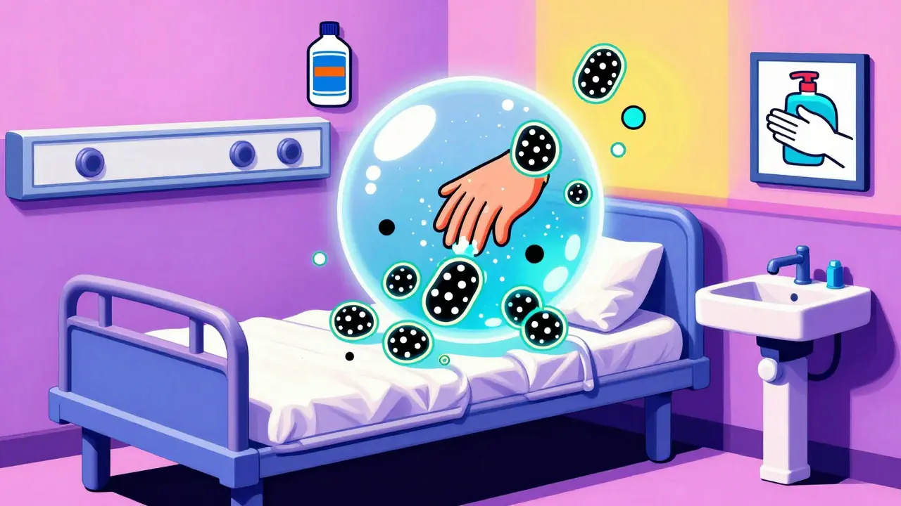 Hospital surfaces covered in glowing C. diff spores being cleaned by soap and bleach in Memphis style.