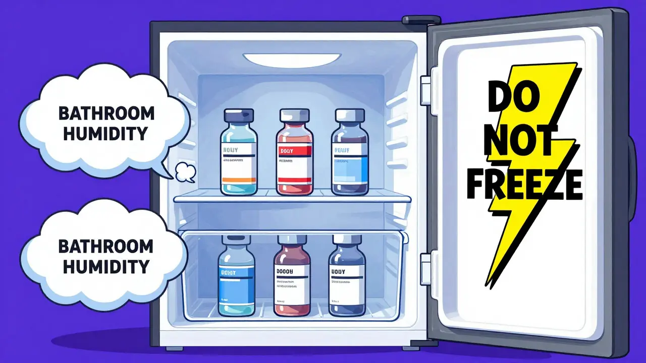 Insulin vials safely stored in a fridge, with humidity kept out by abstract barriers.