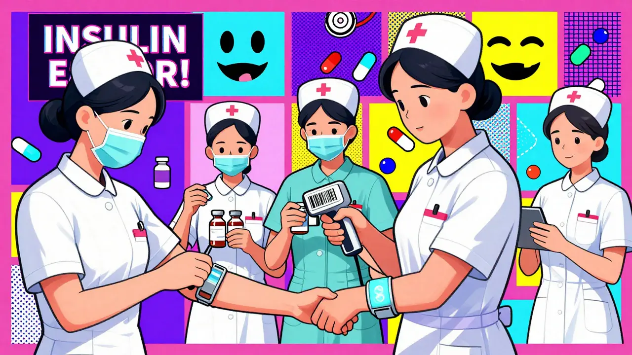 Nurse scanning medication in hospital while other staff ignore alert pop-ups and scan multiple drugs at once.