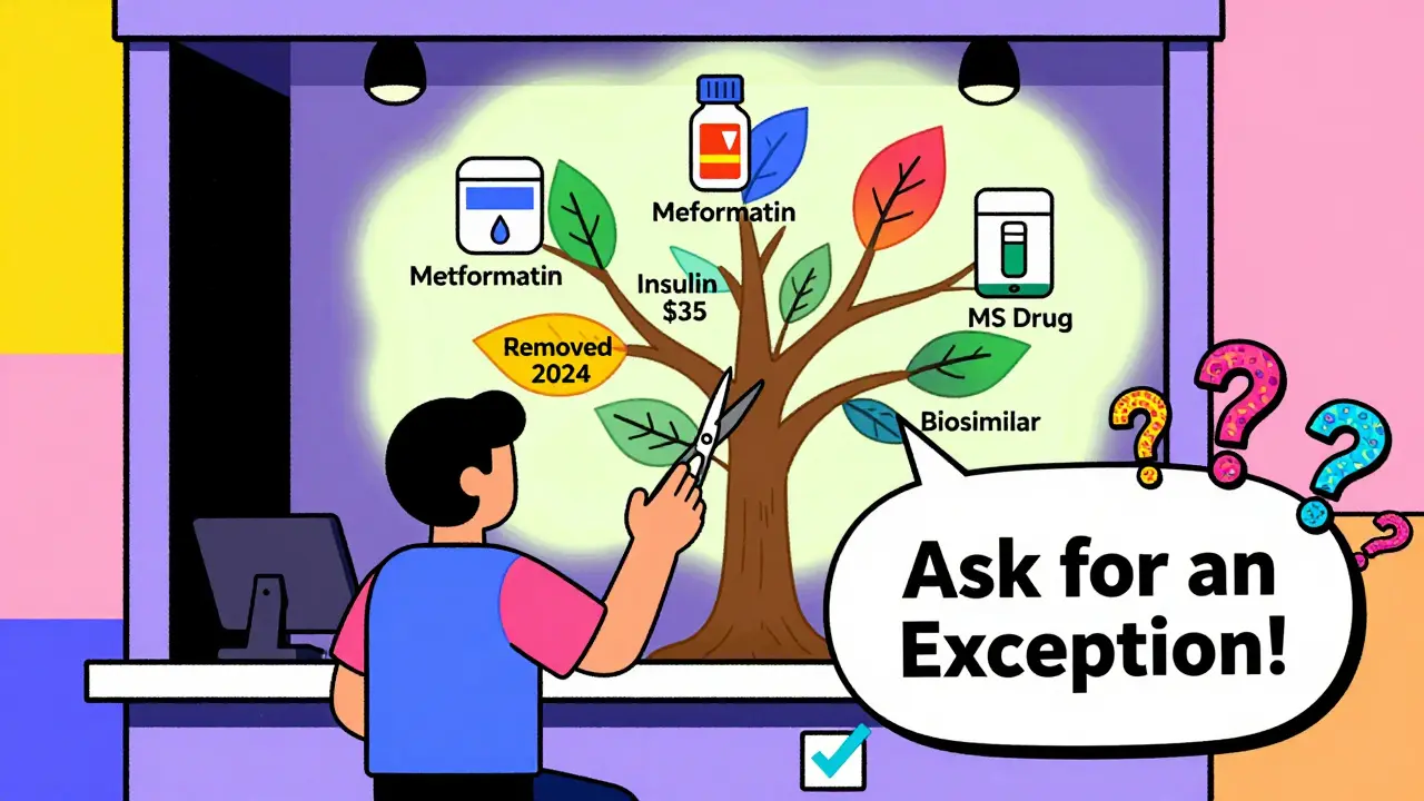 Patient beside a formulary tree with medication branches, one being pruned, in vibrant Memphis style