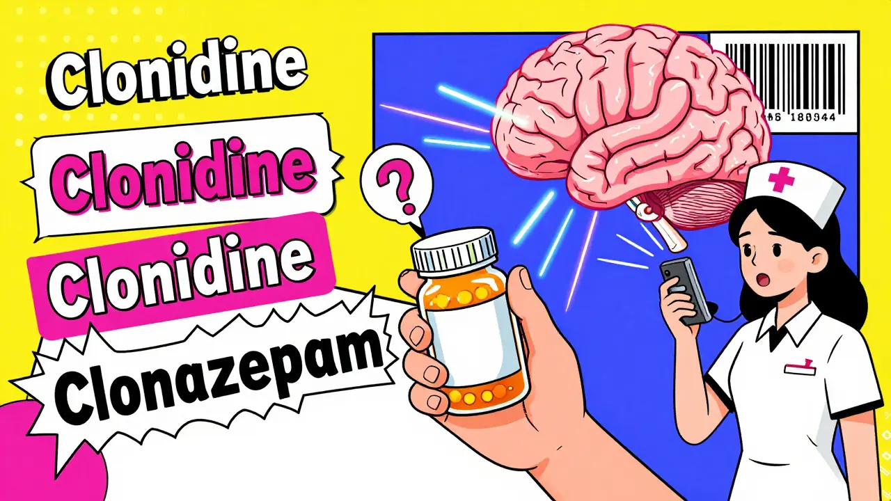 Patient holding a pill bottle while floating drug names and an AI brain surround them in bold Memphis style.